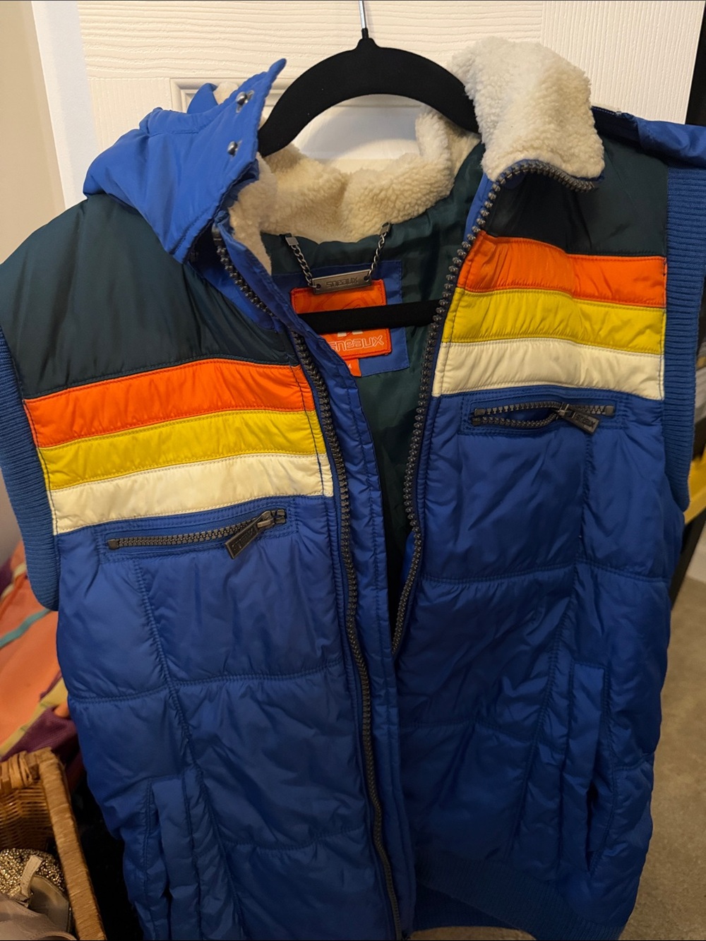 Men's Blue Quilted Vest with Rainbow Stripe and Sherpa Collar